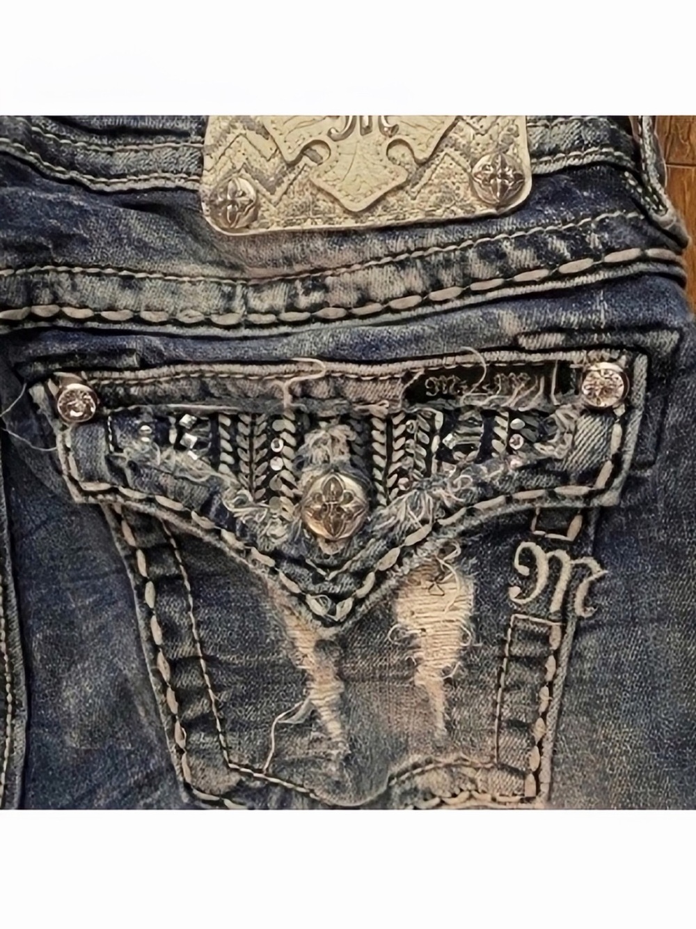 Gorgeous Miss Me Signature Rise Boot Jeans With Embellished Pockets 29” Inseam